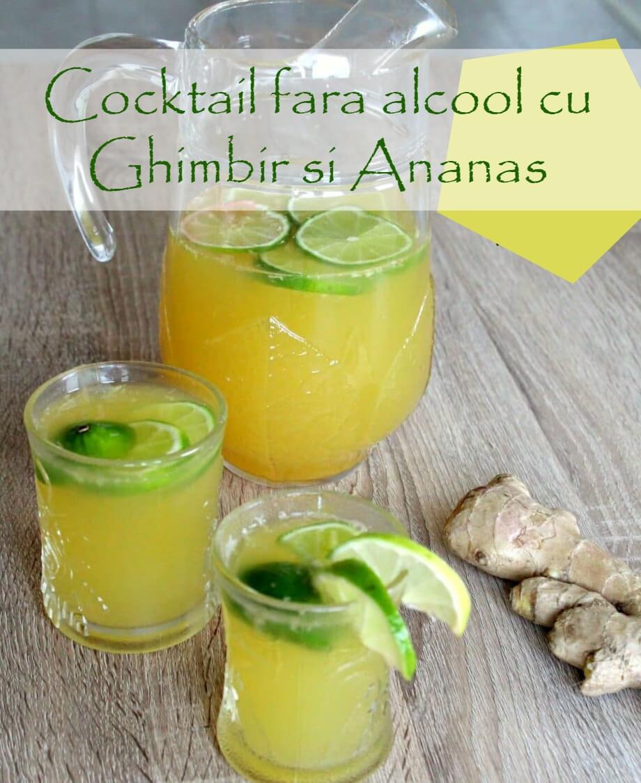 Cocktail fara alcool, Cu Ghimbir Si Ananas, intr-o carafa si doua cani din sticla transparenta